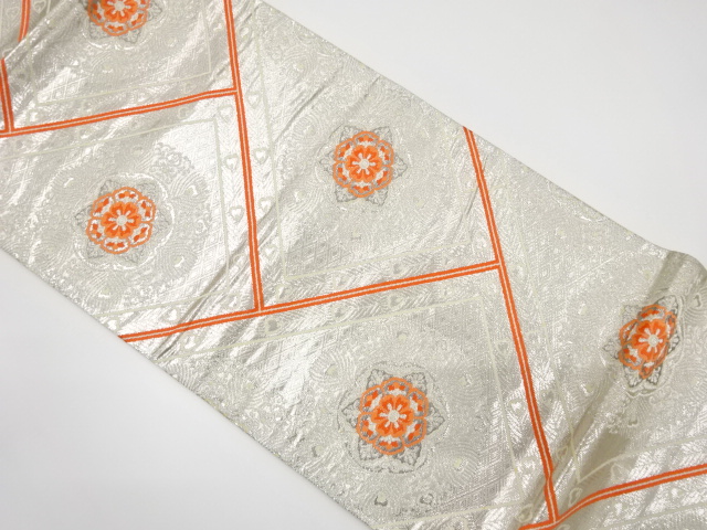 アンティーク　山家中村織物製　プラチナ箔　桧垣に華紋・孔雀羽根織り出し袋帯（材料）